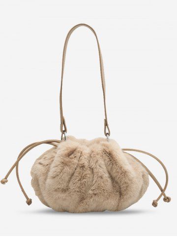 Women's Plush Faux Fur Drawstring Solid Color Fashion Shoulder Bag - LIGHT KHAKI - REGULAR