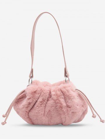 Women's Plush Faux Fur Drawstring Solid Color Fashion Shoulder Bag - PINK - REGULAR