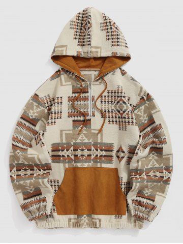 Men's Colorblock Ethnic Geometric Printed Kangaroo Pocket Quarter Zip Pullover Hoodie