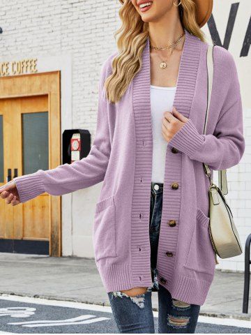 Drop Shoulder Button Up Long Knit Cardigan - LIGHT PURPLE - XL | US 10