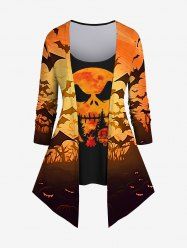 Plus Size Halloween Bat Pumpkin Skull Flame Print 2 In 1 Tee -  
