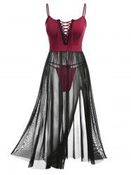 Ensemble de Lingerie Fendu en Maille Transparente de Grande Taille à Lacets - Rouge foncé 2X | US 18-20