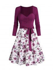 Floral Print Ruched Belt Sweetheart Collar A Line Mini Dress -  