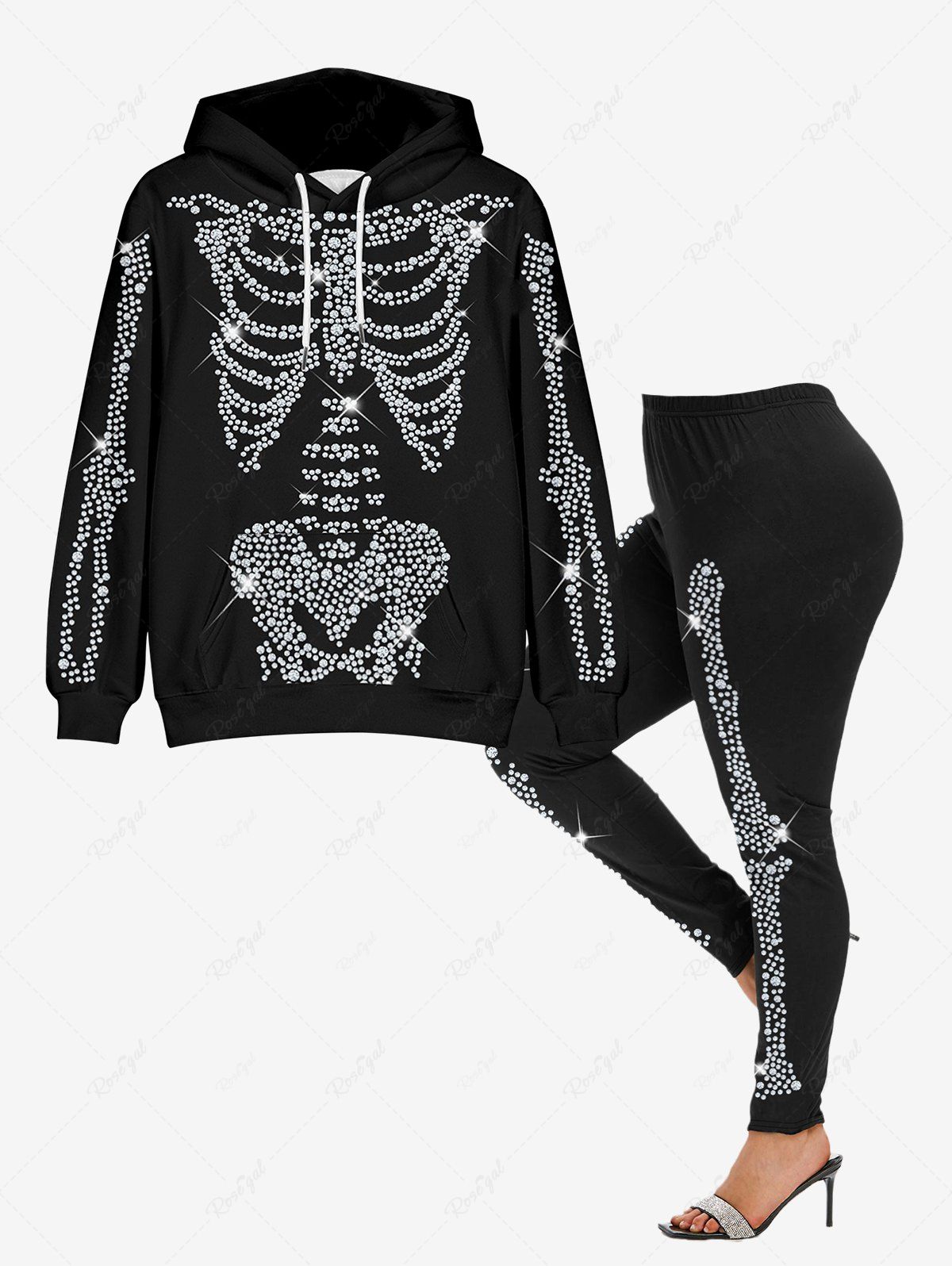 Sweat-Shirt à Capuche avec Cordon de Serrage et Poche Kangourou à Imprimé Squelette Brillant et Inscription Halloween 3D Grande-Taille Noir 