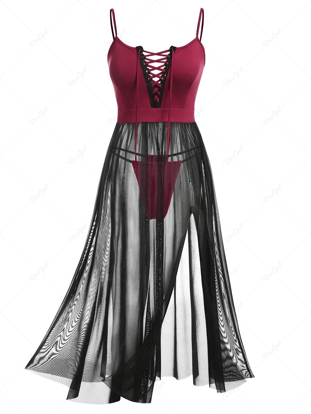 Outfits Plus Size Mesh Sheer See Through Lace Up Split Lingerie Set  