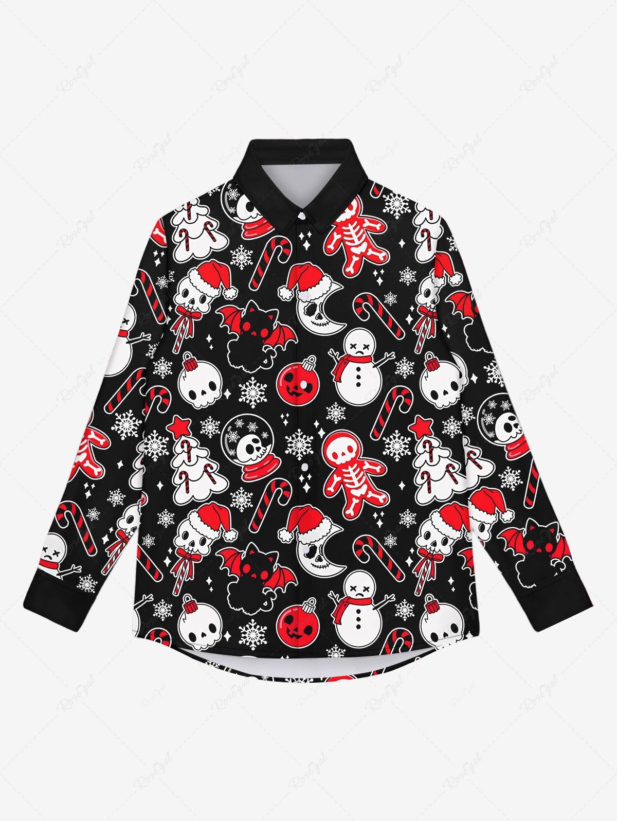 Trendy Gothic Skull Bat Cat Snowflake Snowman Moon Skeleton Print Christmas Buttons Shirt For Men  