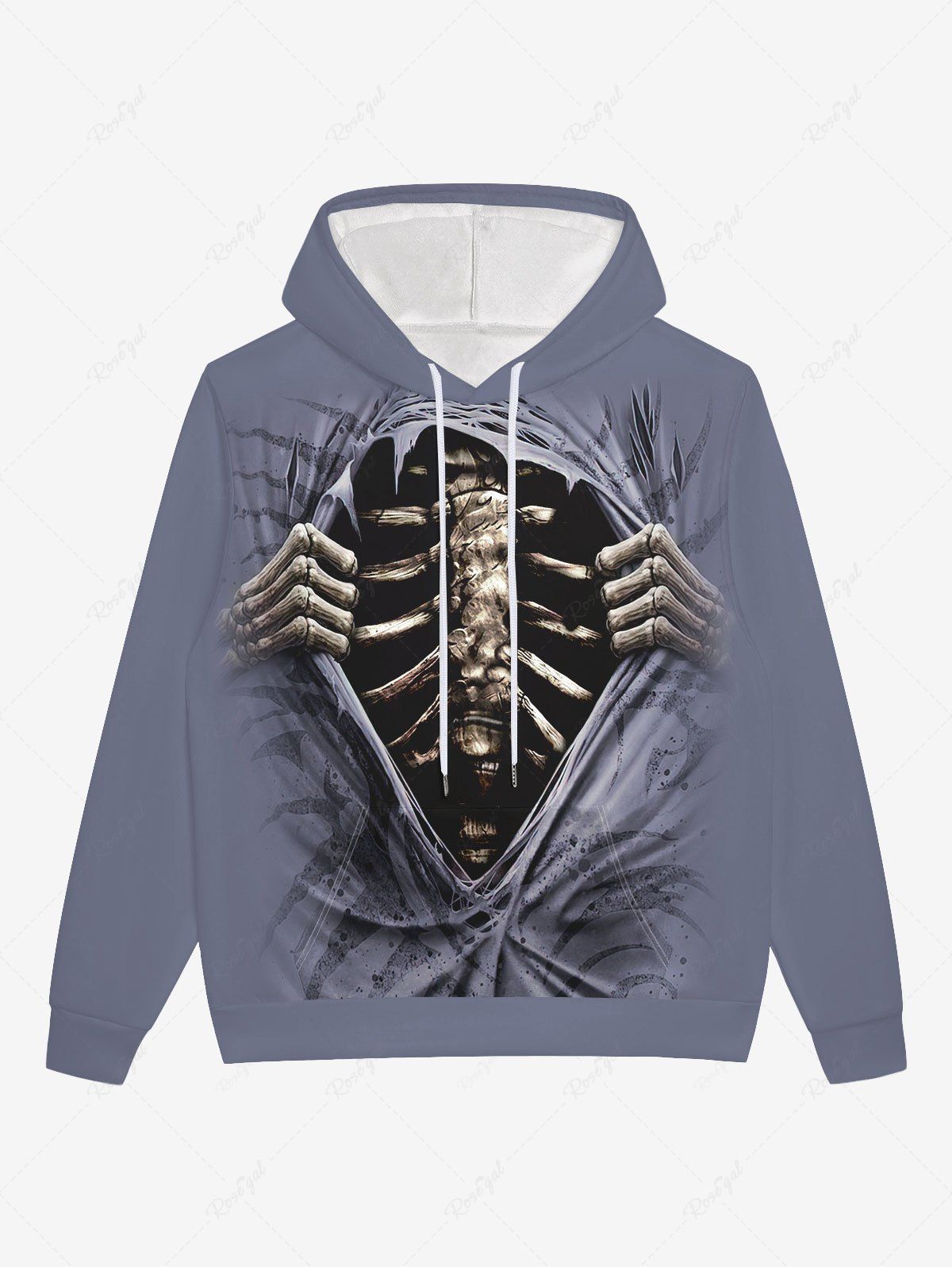 Outfit Gothic 3D Skeleton Ripped Print Halloween Pocket Drawstring Hoodie For Men  