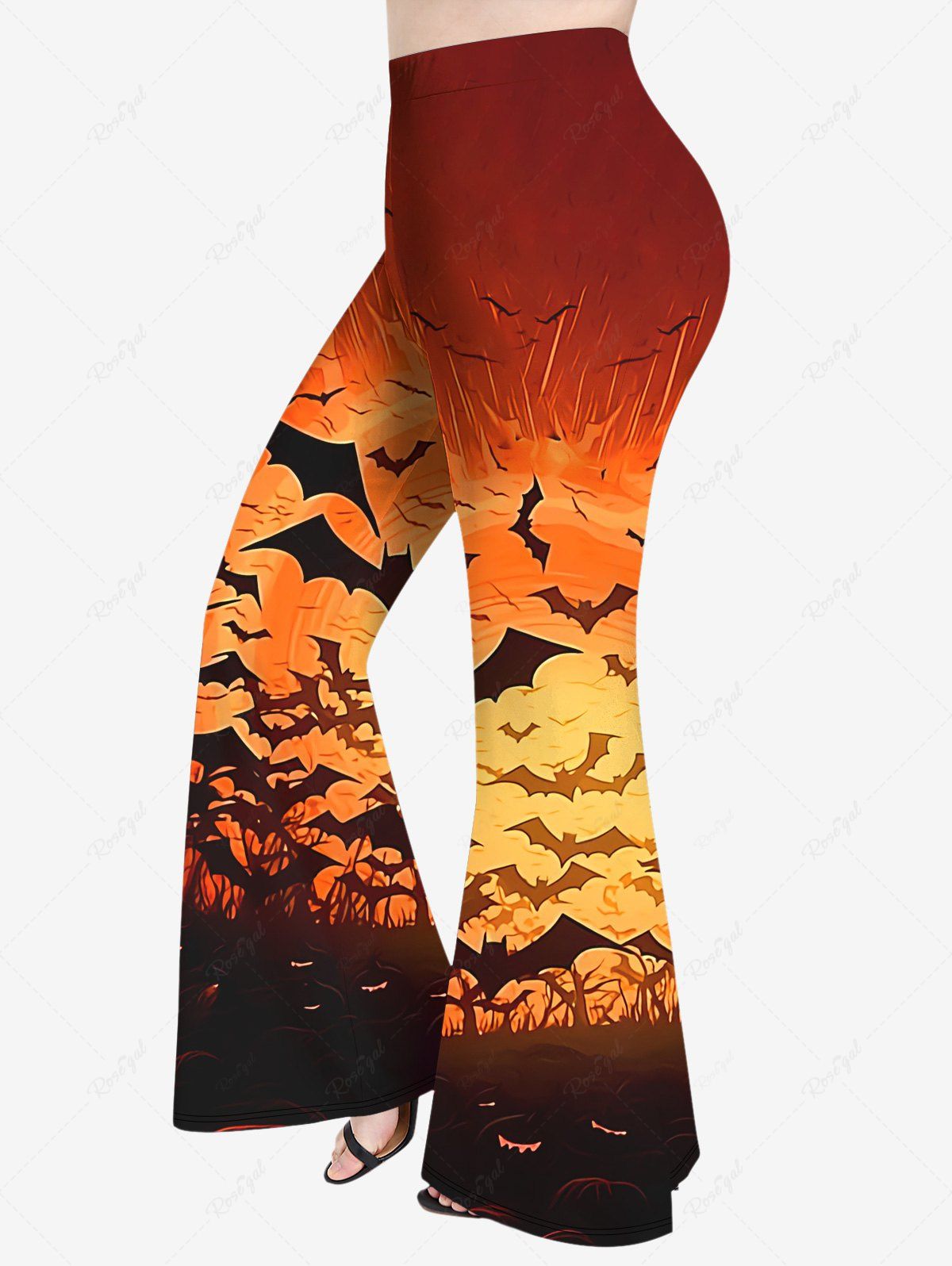 Pantalon Evasé D'Halloween Citrouille et Chauve-souris Imprimés de Grande Taille Orange 6X