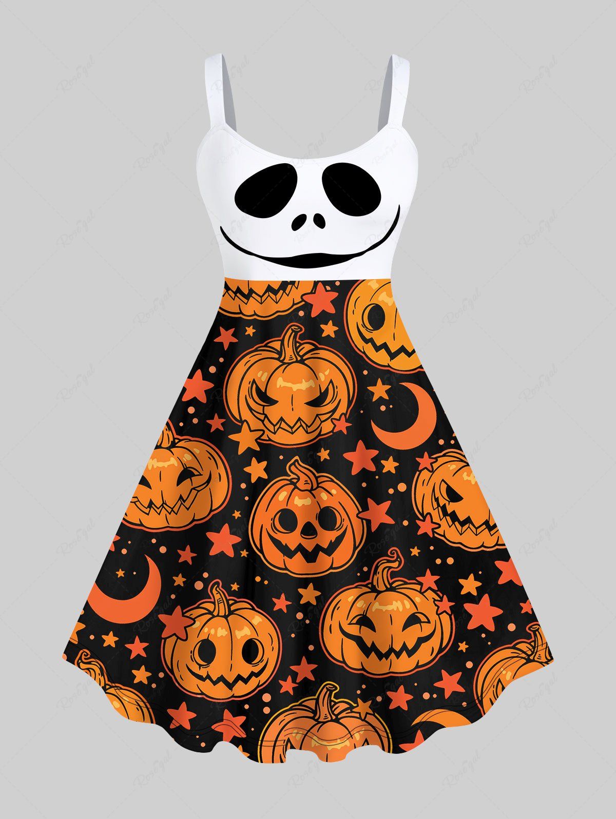 Trendy Plus Size Halloween Pumpkin Moon Star Skull Print Tank Dress  