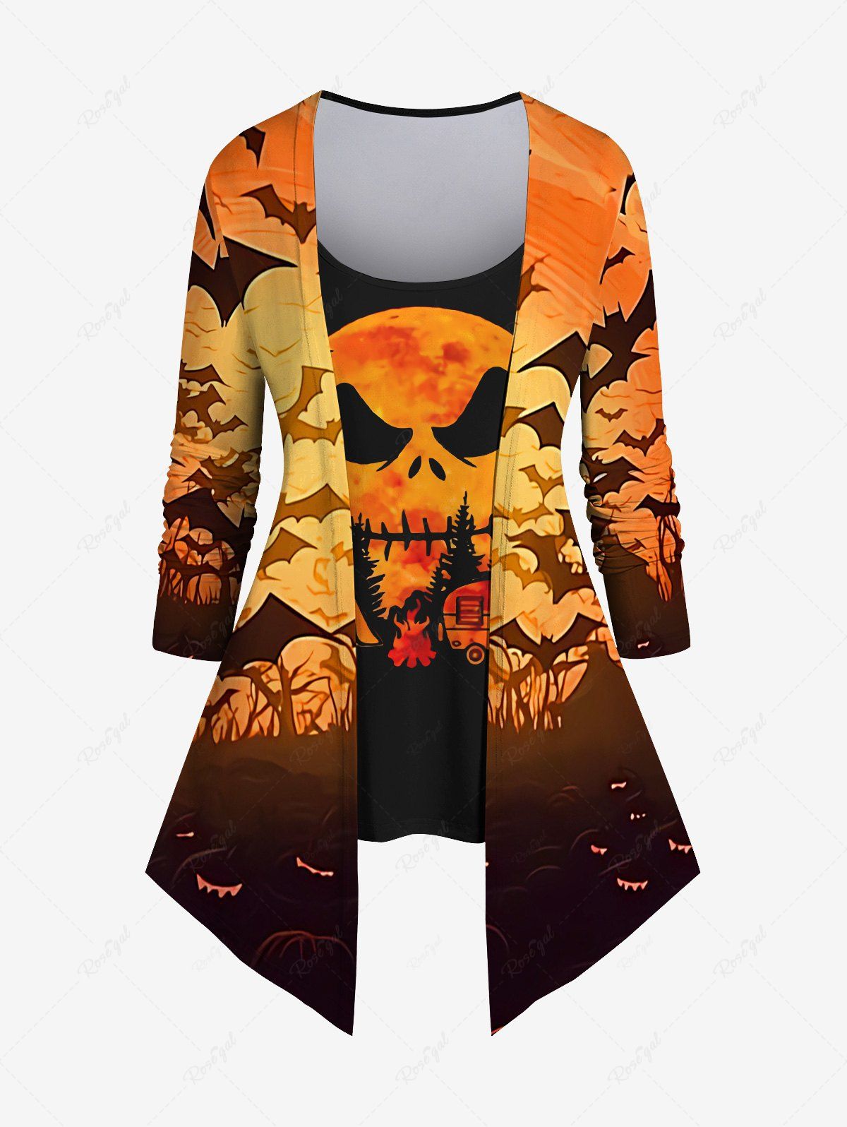 Cheap Plus Size Halloween Bat Pumpkin Skull Flame Print 2 In 1 Tee  