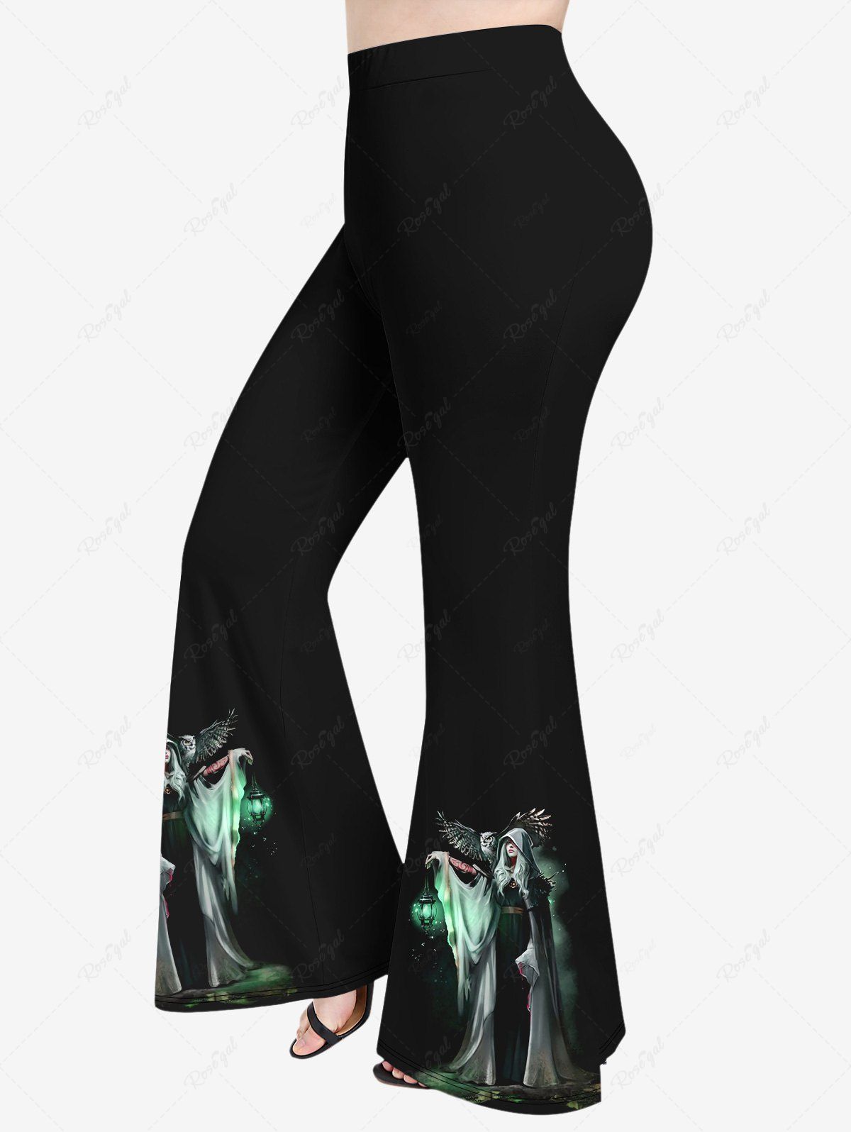 Cheap Plus Size Halloween Owl Lantern Witch Glitter Print Flare Pants  