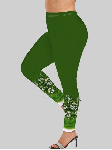 Plus Size Glitter Christmas Tree Ball Snowflake Print Skinny Ombre Leggings - GREEN - M