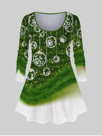 Plus Size Glitter Christmas Ball Tree Snowflake Print Ombre Long Sleeves T-shirt - GREEN - S
