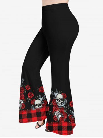 Pantalon Evasé D'Halloween 3D Rose Crâne Fleur et Oiseau Imprimés de Grande Taille - RED - 6X