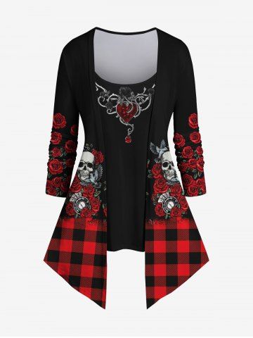 Plus Size 3D Skull Rose Floral Heart Branch Plaid Print Halloween Patchwork 2 in 1 T-shirt - RED - XS