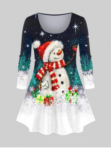 Plus Size Christmas Snowman Snowflake Glitter Bird Colorblock Print T-shirt - DEEP GREEN - S