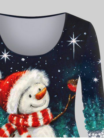 Plus Size Christmas Snowman Snowflake Glitter Bird Colorblock Print T-shirt  [46% OFF]