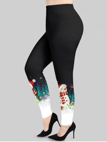 Plus Size Christmas Gift Snowflake Snowman Glitter Print Leggings - DEEP GREEN - L