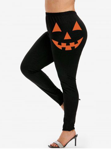 Plus Size Halloween Smile Print Leggings - BLACK - S