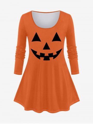 Plus Size Halloween Pumpkin Smile Print T-shirt - ORANGE - S