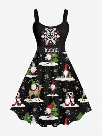 Plus Size Christmas Elk Santa Snowflake Chain 3D Print Tank Dress - BLACK - XS