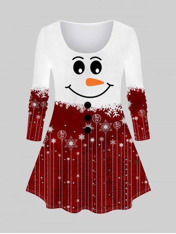 Plus Size 3D Glitter Snowman Snowflake Buttons Print Christmas Long Sleeves T-shirt - DEEP RED - L