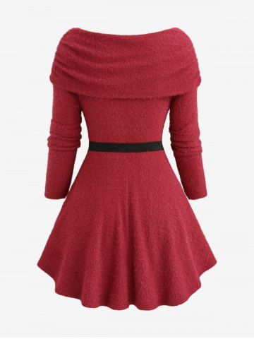 Plus Size Twist Ruched Ruffles Buckle Belt Off The Shoulder Turndown Collar Woolen Sweater