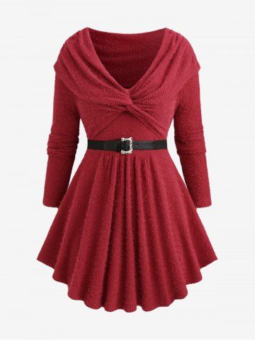 Plus Size Twist Ruched Ruffles Buckle Belt Off The Shoulder Turndown Collar Woolen Sweater - DEEP RED - M | US 10