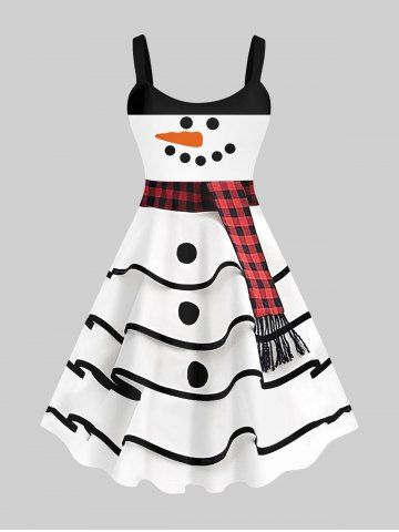 Plus Size Christmas Snowman Buttons Layered 3D Print Tank Dress - WHITE - 3X