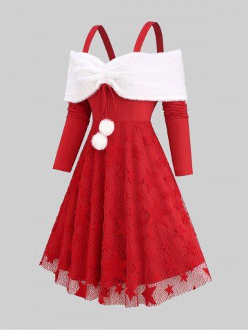 Plus Size Christmas Woolen Ball Star Lace Cinched Cold Shoulder Dress - RED - 1X | US 14-16