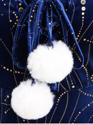 Plus Size Glitter Lace Up Fluffy Ball Velvet A Line Hooded Christmas Patchwork Dress