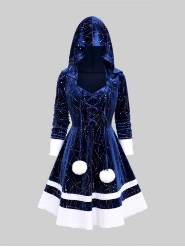 Plus Size Glitter Lace Up Fluffy Ball Velvet A Line Hooded Christmas Patchwork Dress