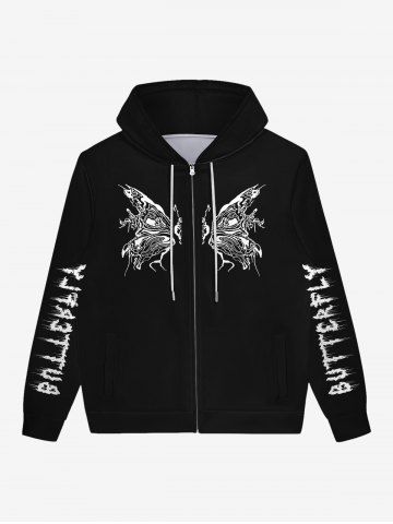 Gothic Butterfly Letters Print Zipper Pockets Drawstring Hoodie For Men - BLACK - 2XL