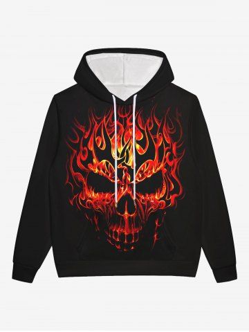Gothic 3D Fire Flame Skull Print Halloween Pocket Drawstring Hoodie For Men - BLACK - XL