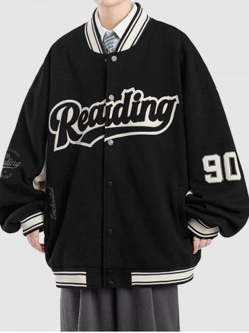 Men's Colorblock READING Letter Embroidered Slant Pocket Stand Collar College Style Baseball Jacket - BLACK - L
