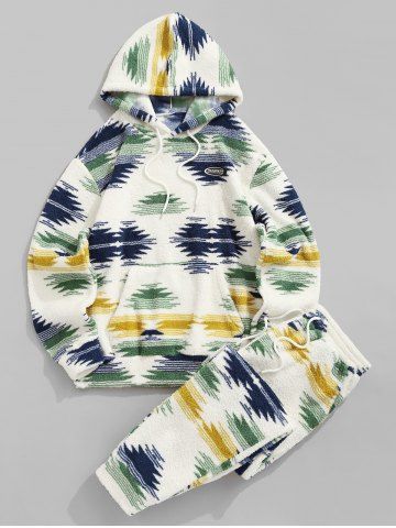 Fleece Fluffy Vintage Ethnic Colorblock Kangaroo Pocket Hoodie Drawstring Jogger Pants - DEEP GREEN - S
