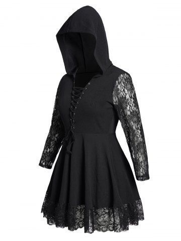 Plus Size Lace Up Gothic Lace Decor Long Sleeve Mini Hooded Dress - BLACK - L