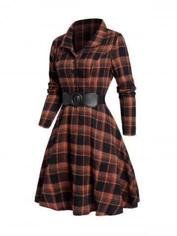 Plaid Print Half Button Belted Long Sleeve Mini Dress - DARK ORANGE - S