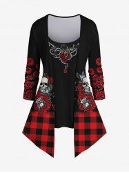 Plus Size 3D Skull Rose Floral Heart Branch Plaid Print Halloween Patchwork 2 in 1 T-shirt -  