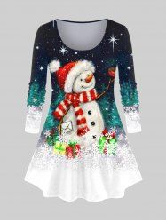 Plus Size Christmas Snowman Snowflake Glitter Bird Colorblock Print T-shirt -  