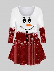 T-shirt de Noël 3D Bonhomme de Neige et Flocon de Neige Imprimés de Grande Taille à Paillettes - Rouge foncé 1X