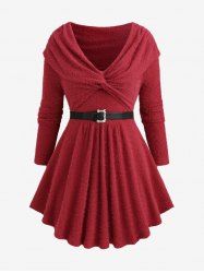 Plus Size Twist Ruched Ruffles Buckle Belt Off The Shoulder Turndown Collar Woolen Sweater -  