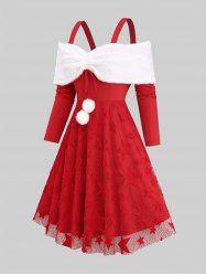 Plus Size Christmas Woolen Ball Star Lace Cinched Cold Shoulder Dress -  