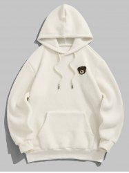 Men's Bear Applique Patched Design Kangaroo Pocket Warmth Fuzzy Teddy Fleece Pullover Hoodie -  