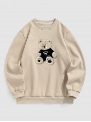 Men's Bear Embroidered Fuzzy Fleece-lined Crew Neck Pullover Sweatshirt -  