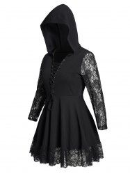 Plus Size Lace Up Gothic Lace Decor Long Sleeve Mini Hooded Dress -  