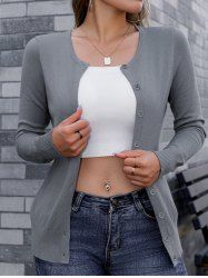 Button Up Solid Color Round Collar Knit Cardigan -  