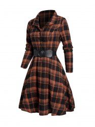 Mini-Robe Ceinturée à Carreaux Imprimé à Demi-Bouton à Manches Longues - Orange Foncé L