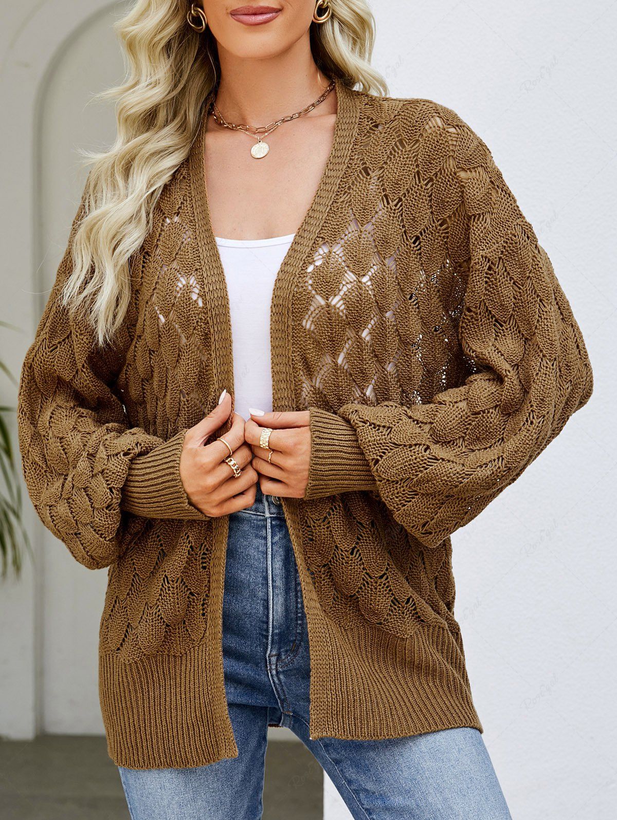 Hot Solid Color See Thru Textured Graphic Crochet Cardigan  