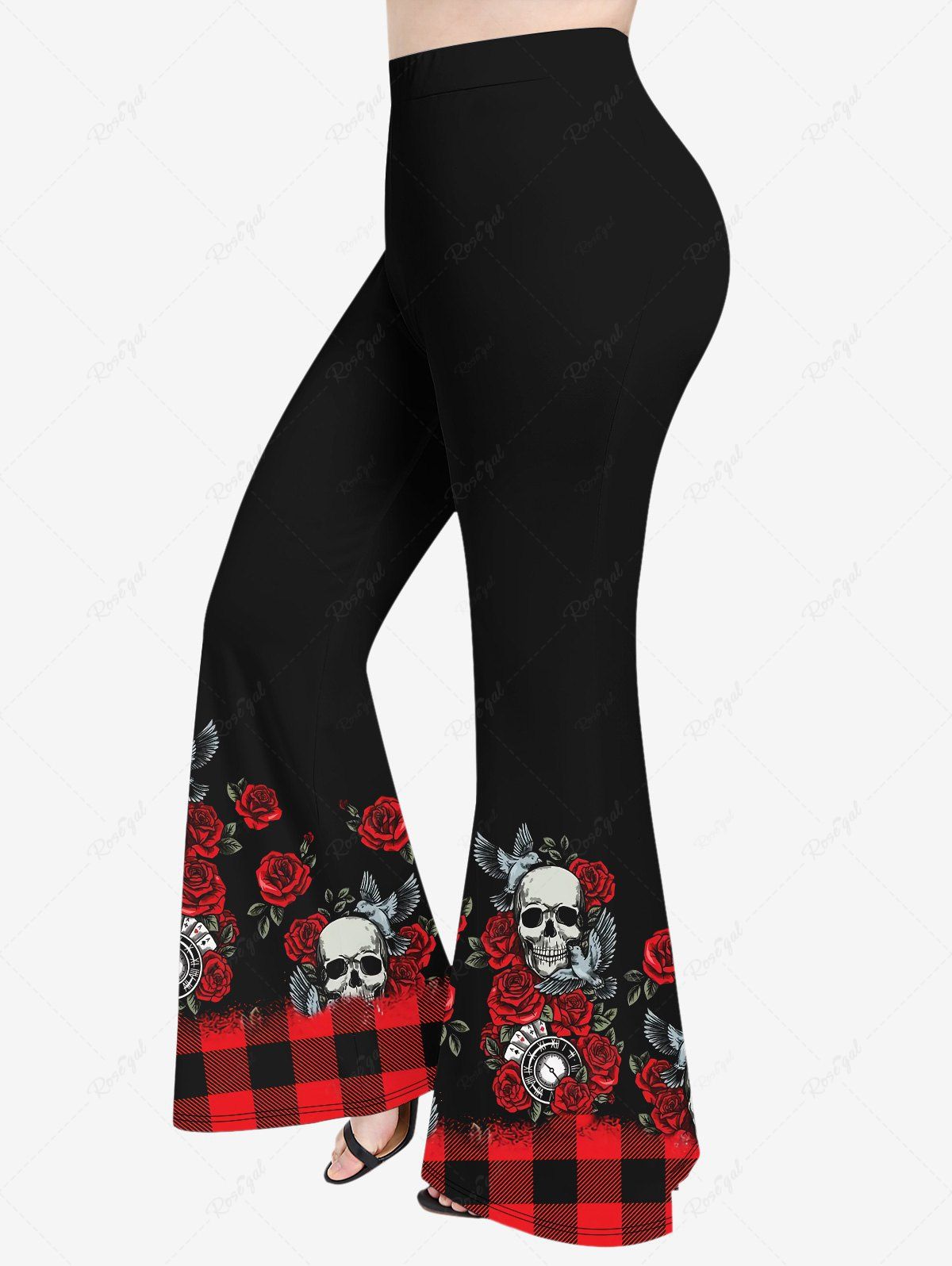 Fashion Plus Size 3D Skull Rose Flower Plaid Bird Print Halloween Flare Pants  